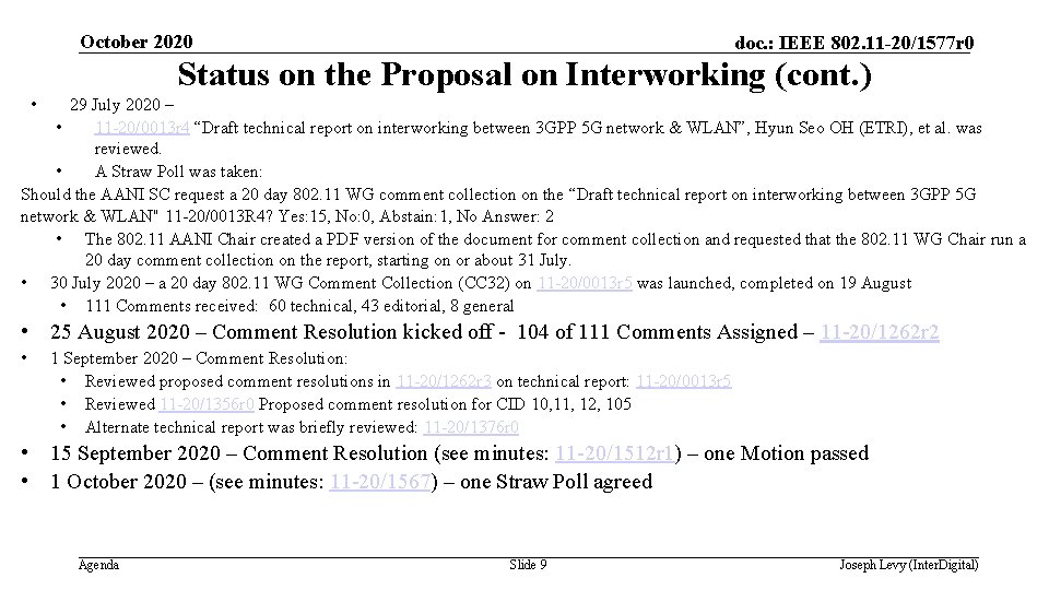 October 2020 doc. : IEEE 802. 11 -20/1577 r 0 Status on the Proposal
