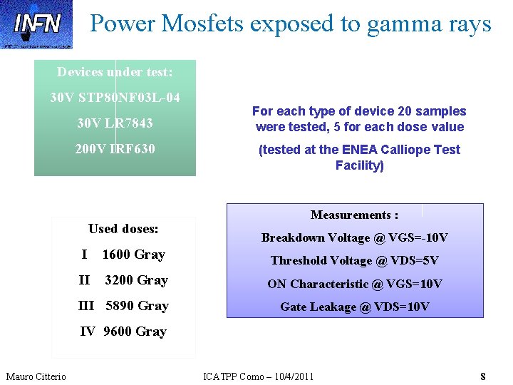 Power Mosfets exposed to gamma rays Devices under test: 30 V STP 80 NF