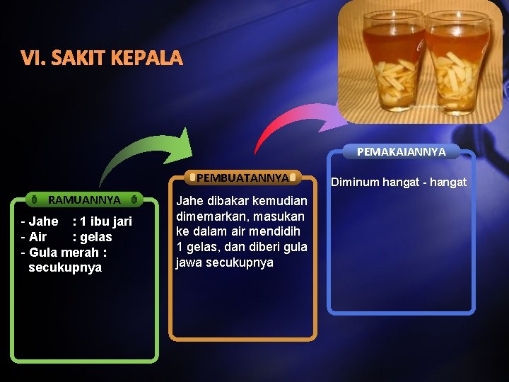 VI. SAKIT KEPALA PEMAKAIANNYA PEMBUATANNYA RAMUANNYA - Jahe : 1 ibu jari - Air