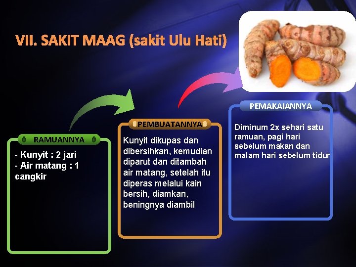 VII. SAKIT MAAG (sakit Ulu Hati) PEMAKAIANNYA PEMBUATANNYA RAMUANNYA - Kunyit : 2 jari