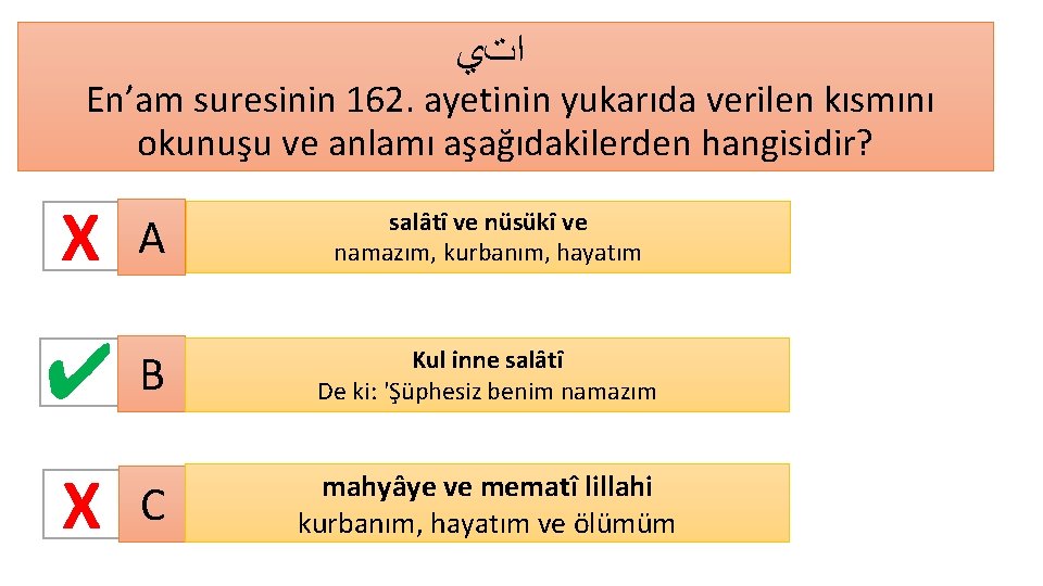  ﺍﺕﻱ En’am suresinin 162. ayetinin yukarıda verilen kısmını okunuşu ve anlamı aşağıdakilerden hangisidir?