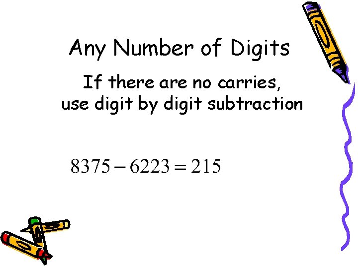 Any Number of Digits If there are no carries, use digit by digit subtraction