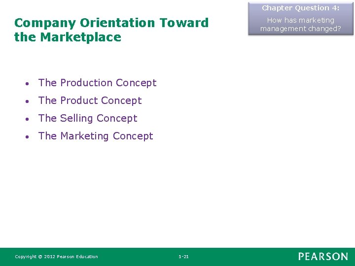 Chapter Question 4: Company Orientation Toward the Marketplace • The Production Concept • The Chapter Question 4: Company Orientation Toward the Marketplace • The Production Concept • The