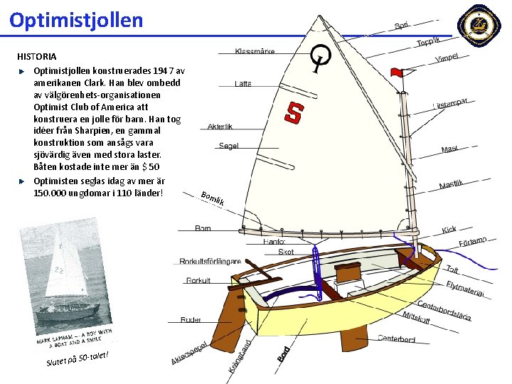 Optimistjollen HISTORIA Optimistjollen konstruerades 1947 av amerikanen Clark. Han blev ombedd av välgörenhets-organisationen Optimist