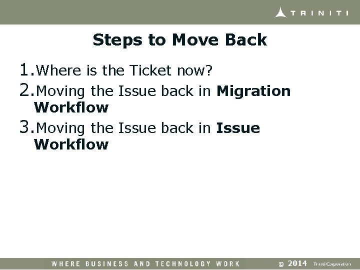 Steps to Move Back 1. Where is the Ticket now? 2. Moving the Issue