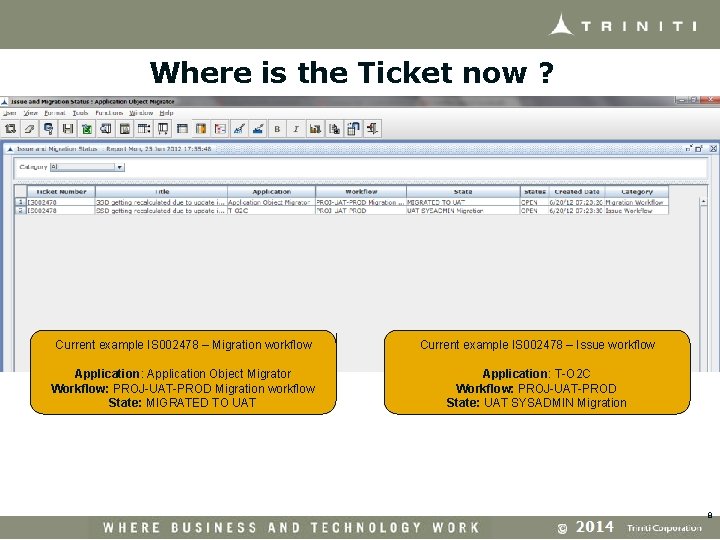 Where is the Ticket now ? Current example IS 002478 – Migration workflow Current