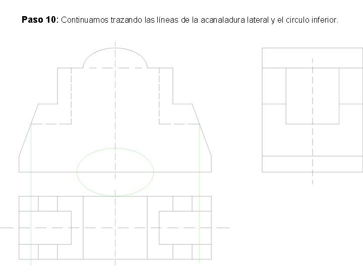 Paso 10: Continuamos trazando las líneas de la acanaladura lateral y el circulo inferior.