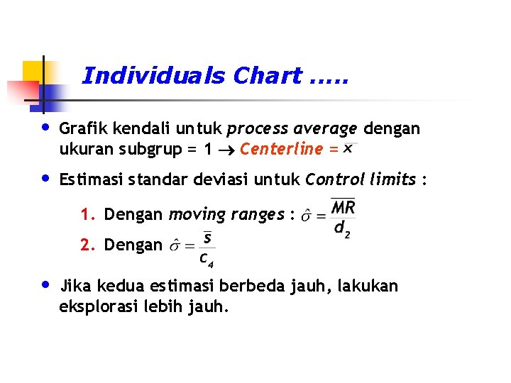 Individuals Chart. . . • Grafik kendali untuk process average dengan ukuran subgrup =