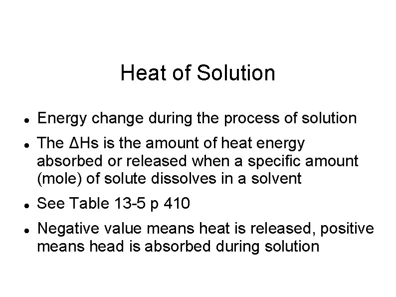Heat of Solution Energy change during the process of solution The ΔHs is the
