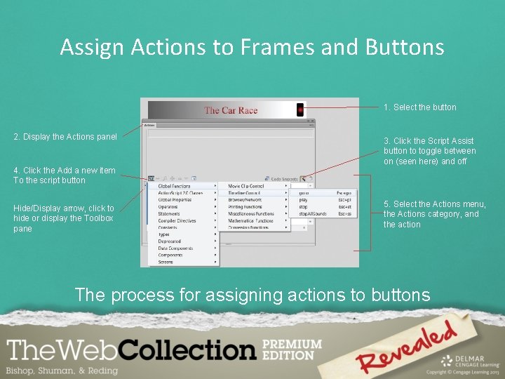 Assign Actions to Frames and Buttons 1. Select the button 2. Display the Actions
