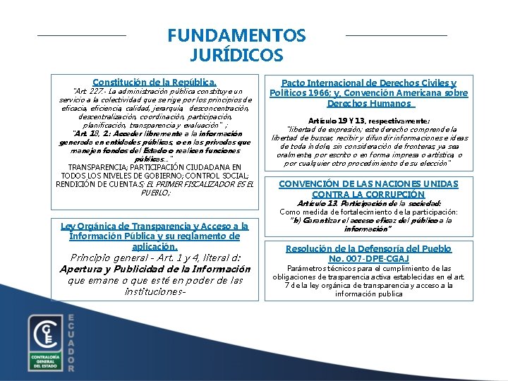 FUNDAMENTOS JURÍDICOS Constitución de la República. “Art. 227. - La administración pública constituye un