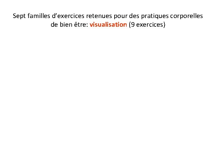 Sept familles d’exercices retenues pour des pratiques corporelles de bien être: visualisation (9 exercices)