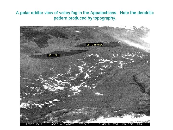 A polar orbiter view of valley fog in the Appalachians. Note the dendritic pattern