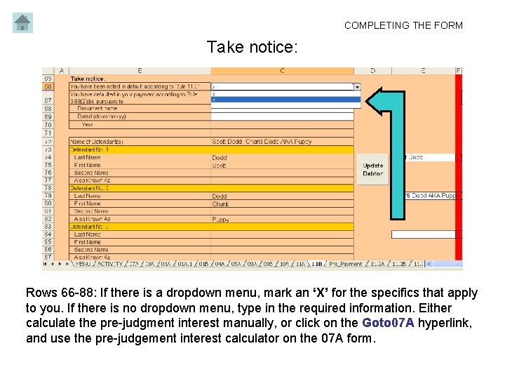 COMPLETING THE FORM Take notice: Rows 66 -88: If there is a dropdown menu,