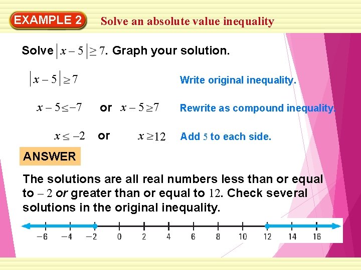 EXAMPLE 2 Solve an absolute value inequality Solve x – 5 ≥ 7. Graph