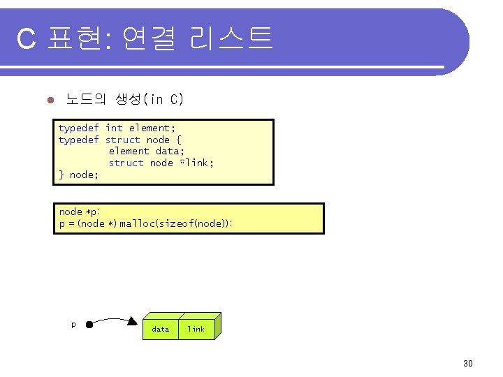 C 표현: 연결 리스트 l 노드의 생성(in C) typedef int element; typedef struct node