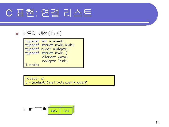 C 표현: 연결 리스트 l 노드의 생성(in C) typedef int element; struct node; node*