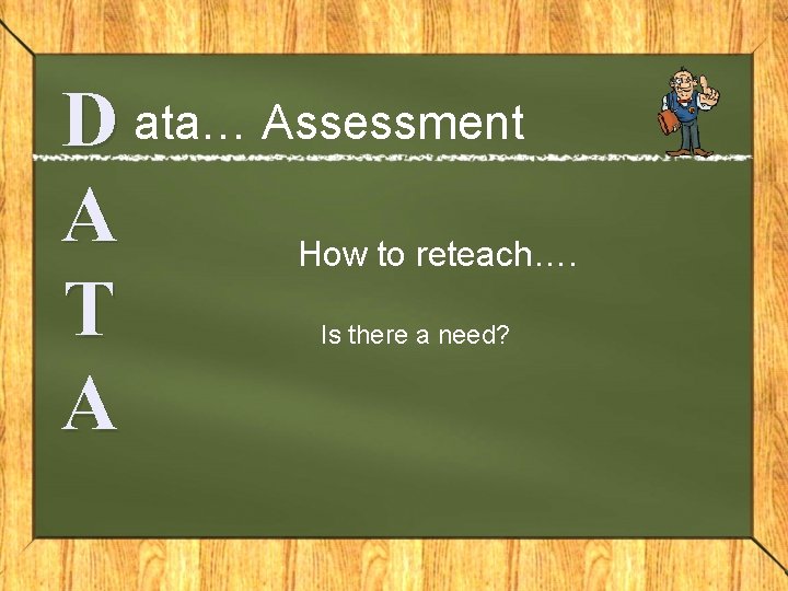 D ata… Assessment A How to reteach…. T A Is there a need? 