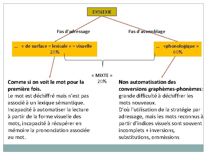 DYSLEXIE Pas d’adressage Pas d’assemblage … « de surface = lexicale » = visuelle