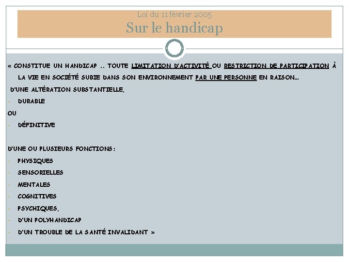 Loi du 11 février 2005 Sur le handicap « CONSTITUE UN HANDICAP. . TOUTE