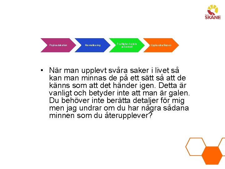 Psykoedukation Normalisering Frivillighet, känsla av kontroll Upplevelse/Besvär • När man upplevt svåra saker i