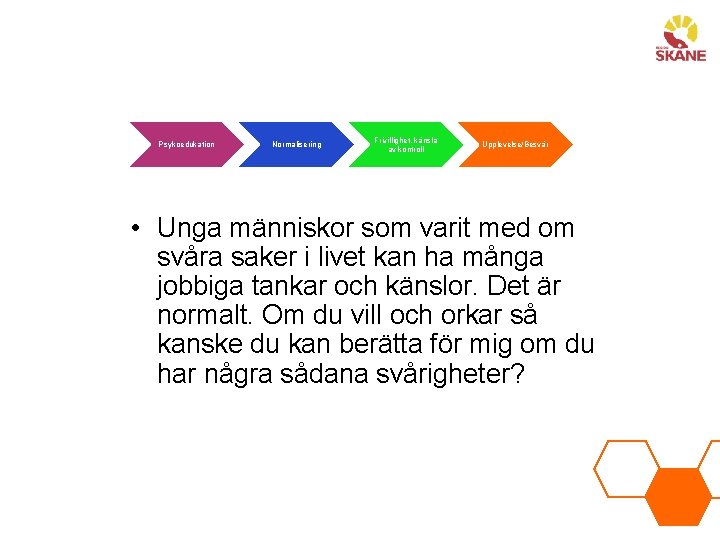 Psykoedukation Normalisering Frivillighet, känsla av kontroll Upplevelse/Besvär • Unga människor som varit med om