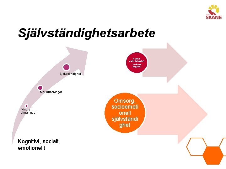 Självständighetsarbete Praktisk självständighet Konkreta uppgifter Självständighet Mer utmaningar Mindre utmaningar Kognitivt, socialt, emotionellt Omsorg,