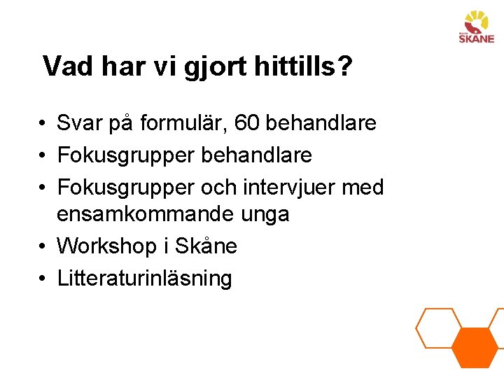 Vad har vi gjort hittills? • Svar på formulär, 60 behandlare • Fokusgrupper och