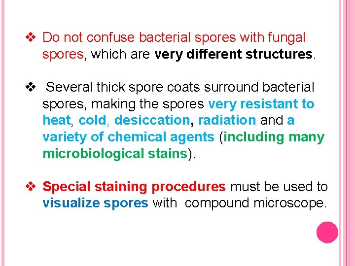 v Do not confuse bacterial spores with fungal spores, which are very different structures.