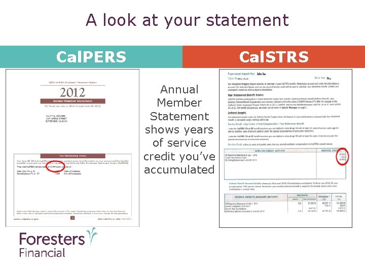 A look at your statement Cal. PERS Cal. STRS Annual Member Statement shows years