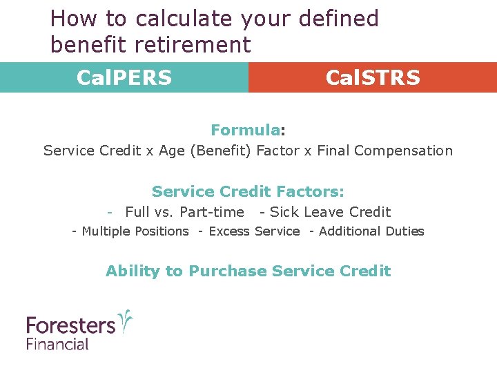 How to calculate your defined benefit retirement Cal. PERS Cal. STRS Formula: Service Credit