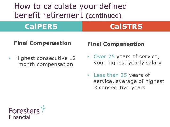 How to calculate your defined benefit retirement (continued) Cal. PERS Final Compensation • Highest