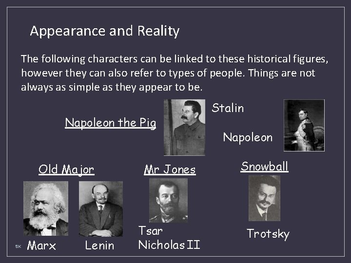 Appearance and Reality The following characters can be linked to these historical figures, however