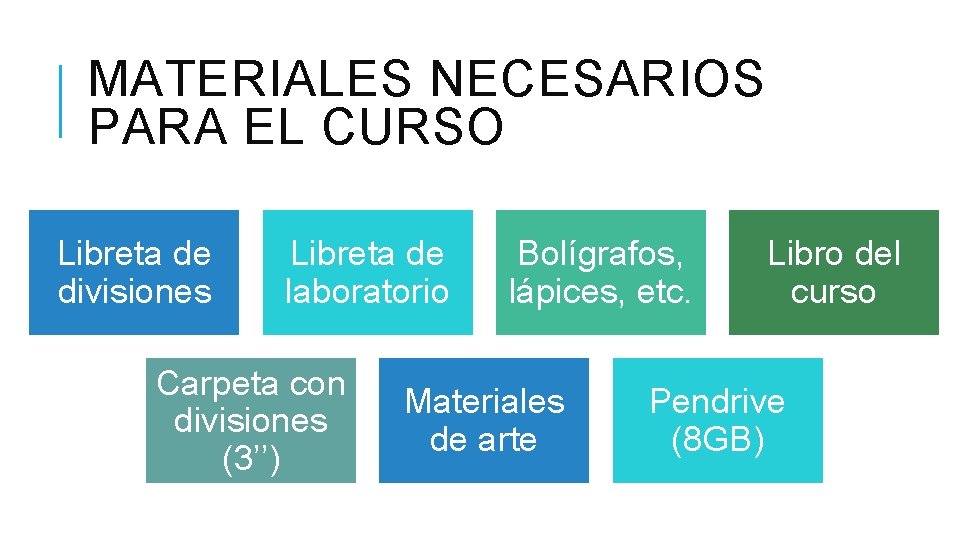 MATERIALES NECESARIOS PARA EL CURSO Libreta de divisiones Libreta de laboratorio Carpeta con divisiones