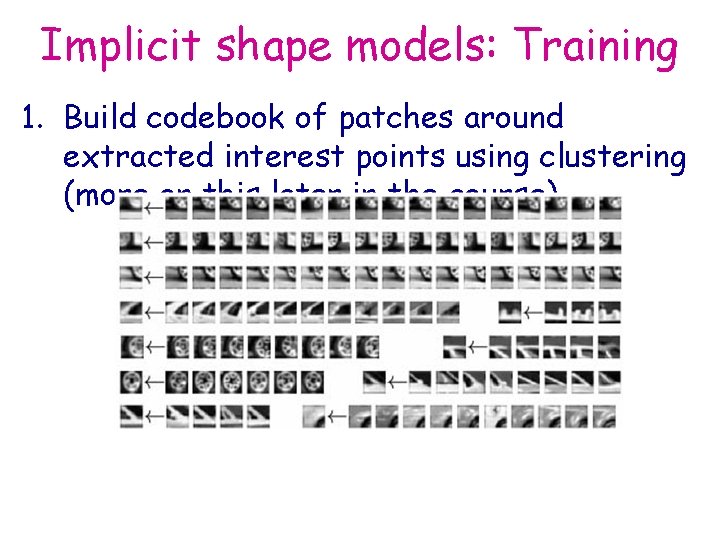 Implicit shape models: Training 1. Build codebook of patches around extracted interest points using