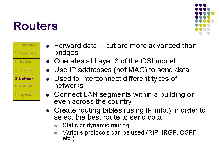 Routers 7 - Application l 6 - Presentation 5 - Session l 4 -