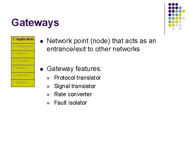 Gateways 7 - Application l Network point (node) that acts as an entrance/exit to