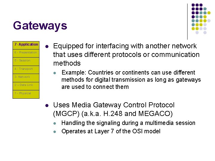 Gateways 7 - Application l 6 - Presentation 5 - Session 4 - Transport