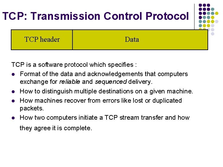 TCP: Transmission Control Protocol TCP header Data TCP is a software protocol which specifies