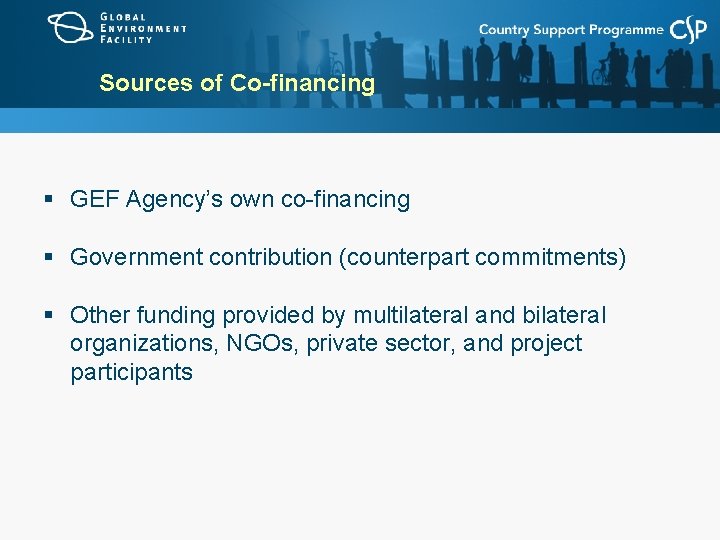 Sources of Co-financing § GEF Agency’s own co-financing § Government contribution (counterpart commitments) §