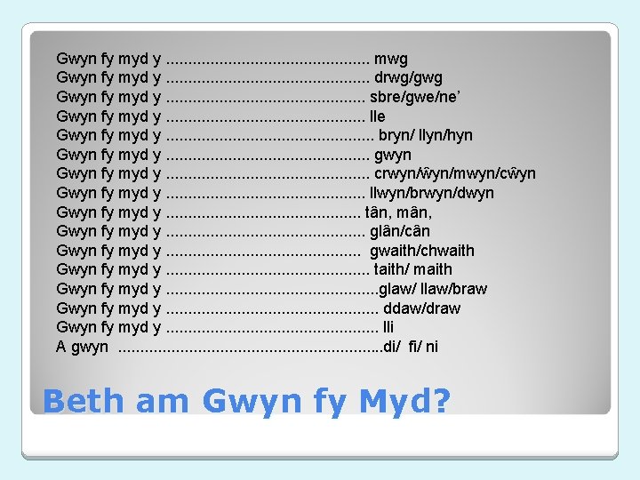 Gwyn fy myd y. . . mwg Gwyn fy myd y. . . drwg/gwg