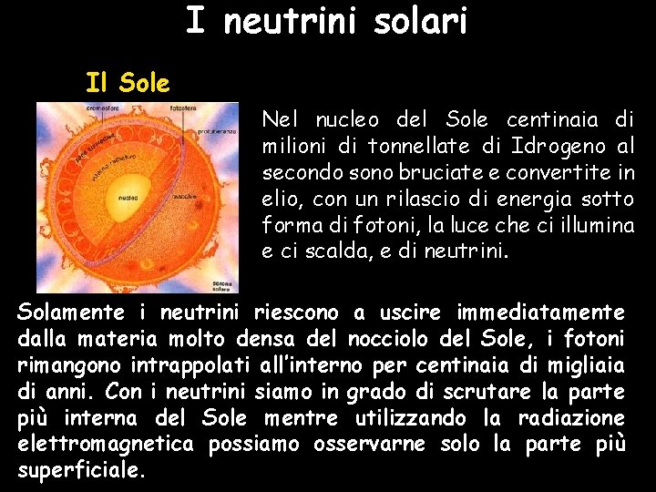 I neutrini solari Il Sole Nel nucleo del Sole centinaia di milioni di tonnellate