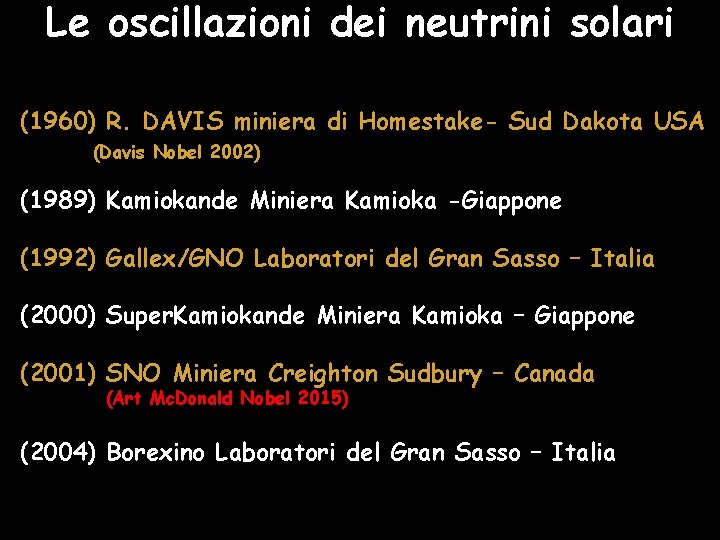 Le oscillazioni dei neutrini solari (1960) R. DAVIS miniera di Homestake- Sud Dakota USA