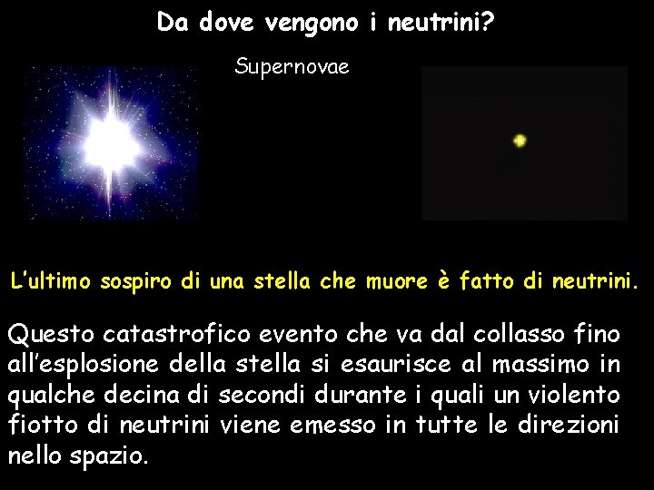 Da dove vengono i neutrini? Supernovae L’ultimo sospiro di una stella che muore è