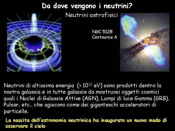 Da dove vengono i neutrini? Neutrini astrofisici NGC 5128 Centaurus A Neutrini di altissima