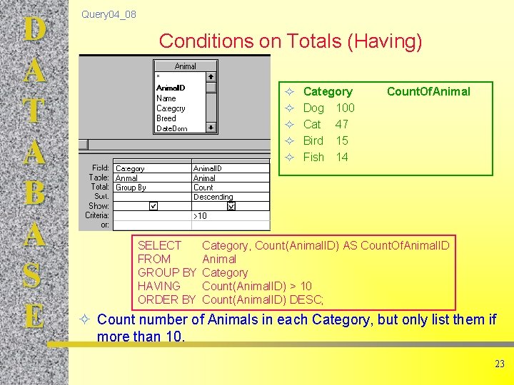 D A T A B A S E Query 04_08 Conditions on Totals (Having)