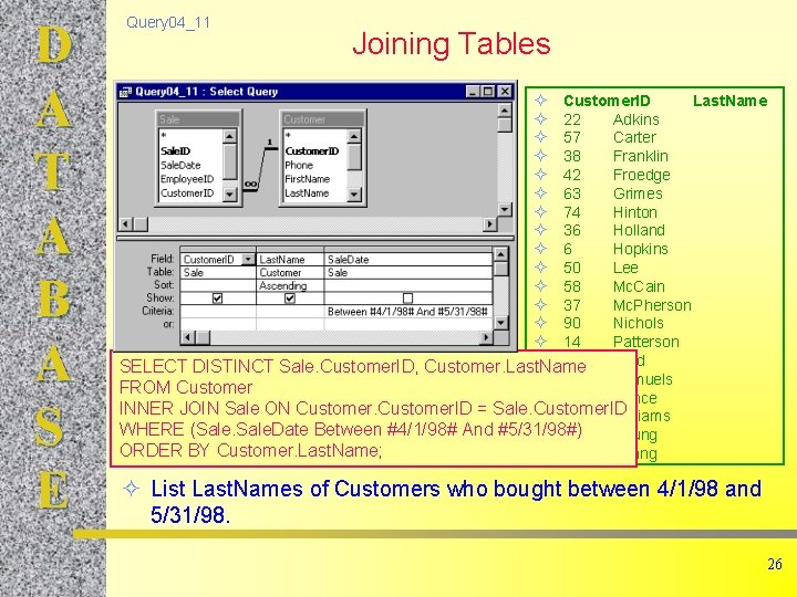 D A T A B A S E Query 04_11 Joining Tables ² Customer.