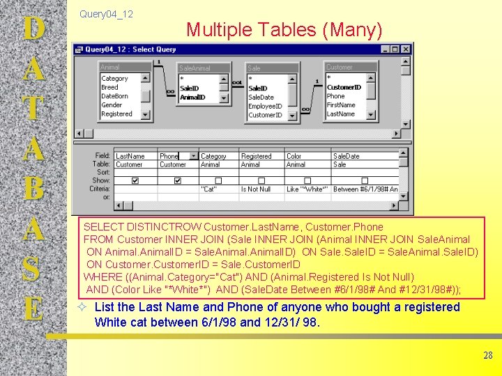 D A T A B A S E Query 04_12 Multiple Tables (Many) SELECT