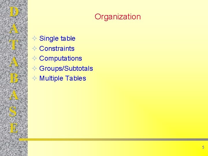 D A T A B A S E Organization ² Single table ² Constraints