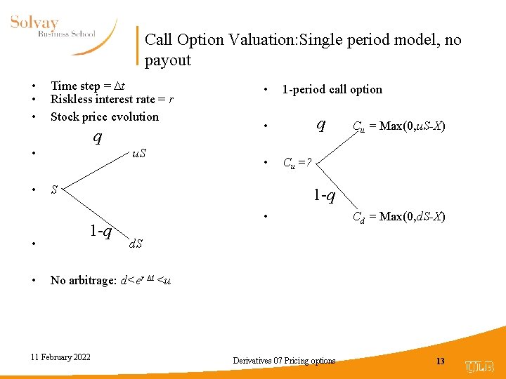 Call Option Valuation: Single period model, no payout • • • Time step =